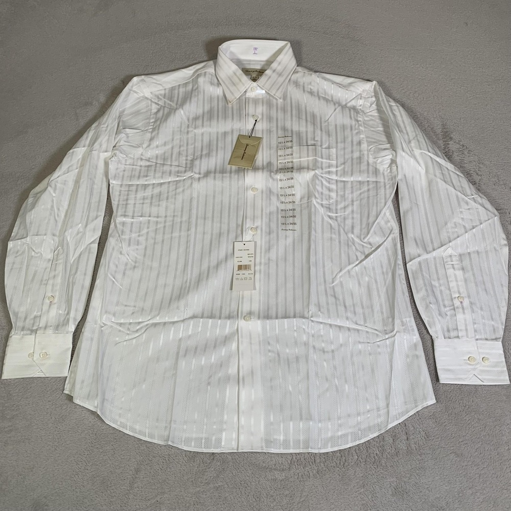 Tommy Bahama Shirt Mens 15.5 34/35 Long Sleeve White Stripe Dress NEW FLAW